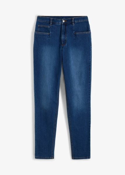 Jeansy mom ze stretchem, high waist. Niebieskie jeansy bonprix, bez wzorów, z jeansu, z podwyższonym stanem. Za 109.99 zł.