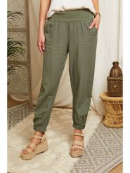Lin Passion Lniane spodnie w kolorze khaki rozmiar: 40/42. Brązowe spodnie materiałowe Lin Passion, bez wzorów, ze lnu, klasyczne, z podwyższonym stanem. Za 145.26 zł.