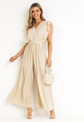 Beżowy Plisowany Kombinezon z Szerokimi Nogawkami i Wiązanym Paskiem Audra. Brązowe kombinezony Born2be, na co dzień, bez wzorów, eleganckie, bez kołnierzyka, bez ramiączek, kopertowe. Za 149.99 zł.