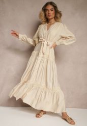 Beżowa Wiskozowa Sukienka o Rozkloszowanym Kroju z Wiązanym Paskiem i Koronką Reisavien. Brązowe sukienki Renee, na co dzień, l, bez wzorów, z koronki, eleganckie, bez kołnierzyka, bez ramiączek, maxi, rozkloszowane. W wyprzedaży za 127.99 zł.