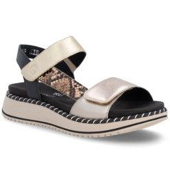 Skórzane sandały damskie metaliczne złote Remonte by Rieker D3J50-90. Żółte sandały Remonte, bez wzorów, z tkaniny, bez obcasa, bez zapięcia. Za 359.00 zł.