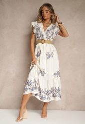 Biało-Niebieska Kopertowa Sukienka z Wiskozy Ozdobiona Haftem i Paskiem Nilatea. Białe sukienki Renee, l, bez wzorów, z materiału, eleganckie, bez kołnierzyka, bez ramiączek, midi, kopertowe. W wyprzedaży za 111.99 zł.