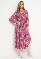 Ciemnoróżowa Plisowana Sukienka z Gumką w Pasie i Wzorem Paisley Carella. Czerwone sukienki Born2be, l, z aplikacjami, z materiału, eleganckie, bez kołnierzyka, bez ramiączek, maxi, kopertowe. W wyprzedaży za 76.99 zł.