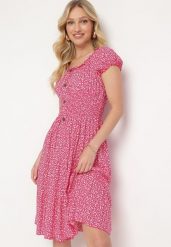 Fuksjowa Bawełniana Sukienka w Drobne Kwiaty z Gumkami w Talii Fielita. Czerwone sukienki Born2be, na spotkanie biznesowe, m, bez wzorów, z bawełny, eleganckie, bez kołnierzyka, bez ramiączek, mini. Za 49.99 zł.