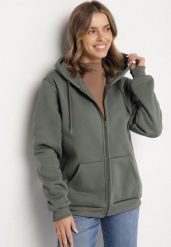 Zielona Rozpinana Bluza z Bawełną i Kapturem Typu Oversize Diosa. Zielone bluzy z kapturem Born2be, na jesień, uniwersalny, bez wzorów, z bawełny. Za 59.99 zł.