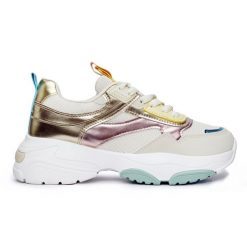 Sportowe buty damskie na grubej podeszwie złoty. Żółte buty treningowe bez wzorów, bez zapięcia. Za 110.92 zł.