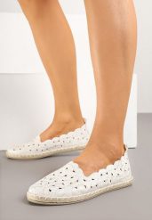 Białe Espadryle z Ażurową Cholewką i Ozdobnymi Przeszyciami Borkia. Białe espadryle Born2be, w ażurowe wzory, biznesowe, bez obcasa, na płaskiej podeszwie. Za 69.99 zł.