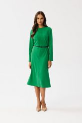 Zielona Midi Sukienka Trapezowa z Przeszyciami. Zielone sukienki MOE, l, bez wzorów, z elastanu, bez kołnierzyka, bez ramiączek, midi, trapezowe. Za 316.90 zł.