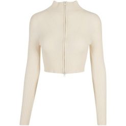 Damski dzianinowy prążkowany kardigan z krótkim zamkiem błyskawicznym Urban Clas. Białe swetry Urban Classics, xl, bez wzorów, z dzianiny, bez ramiączek. Za 169.70 zł.