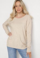 Beżowy Sweter z Kaszmirem i Ozdobnymi Kieszeniami Sanarea. Brązowe swetry Born2be, bez wzorów, z jeansu, eleganckie, bez ramiączek. W wyprzedaży za 76.49 zł.