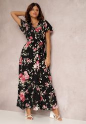 Czarna Sukienka w Kwiaty o Kopertowym Kroju z Wiązanym Paskiem Iphene. Czarne sukienki Renee, na co dzień, l, bez wzorów, eleganckie, bez kołnierzyka, bez ramiączek, maxi, kopertowe. W wyprzedaży za 63.99 zł.