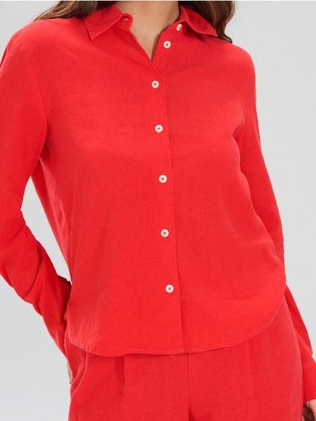 Koszula z lnem z długim rękawem - czerwony. Czerwone koszule Sinsay, l, bez wzorów, bez kołnierzyka, bez ramiączek. Za 33.99 zł.