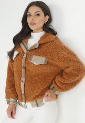 Brązowa Kurtka Pluszowa Teddy Oversize Veshe. Brązowe kurtki Born2be, bez wzorów, z futra, bez kaptura. W wyprzedaży za 111.99 zł.