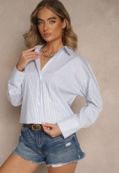 Niebieska Koszula z Bawełny o Kroju Oversize w Paski z Metalicznymi Zdobieniami Pasenitia. Niebieskie koszule Renee, l, z aplikacjami, z bawełny, eleganckie, bez kołnierzyka, bez ramiączek. W wyprzedaży za 91.99 zł.