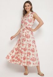 Beżowo-Różowa Wiskozowa Sukienka w Abstrakcyjny Wzór z Paskiem Rinoriela. Czerwone sukienki Born2be, na co dzień, l, z aplikacjami, z wiskozy, eleganckie, bez kołnierzyka, bez ramiączek, maxi, proste. Za 99.99 zł.