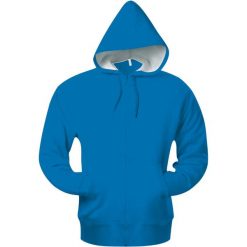 Bluza z kapturem z kieszeniami kangurkami Kariban. Niebieskie bluzy KARIBAN, xl, bez wzorów, z bawełny, bez ramiączek, z kapturem. Za 183.50 zł.