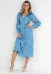 Niebieska Kopertowa Sukienka Midi w Geometryczny Print Zese. Niebieskie sukienki Born2be, s, bez wzorów, z materiału, bez kołnierzyka, bez ramiączek, midi, kopertowe. W wyprzedaży za 161.49 zł.
