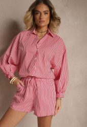 Czerwona Bawełniana Koszula Oversize w Paski Borlio. Czerwone koszule Renee, s, bez wzorów, z bawełny, biznesowe, bez kołnierzyka, bez ramiączek. W wyprzedaży za 55.99 zł.