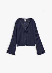 Kardigan w ażurowy wzór. Niebieskie swetry bonprix, w ażurowe wzory, bez ramiączek. Za 129.99 zł.