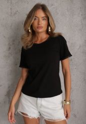 Czarny Gładki T-shirt Bawełniany z Ozdobnymi Lamówkami z Warkoczowego Splotu Thalia. Czarne t-shirty Renee, m, bez wzorów, z bawełny, bez kołnierzyka, bez ramiączek. Za 49.99 zł.