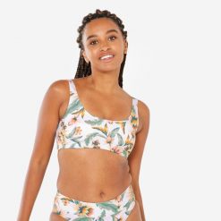 Góra kostiumu kąpielowego surfingowego damska Olaian Aurely Belly. Białe bikini OLAIAN, bez wzorów, z elastanu, klasyczne. Za 69.99 zł.