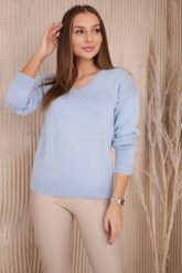 Sweter z dekoltem V niebieski. Niebieskie swetry KESI, l, bez wzorów, z wełny, plus size, bez ramiączek. Za 139.05 zł.