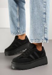 Czarne Sneakersy Typu Klasyczne Tenisówki na Grubej Podeszwie Nilmio. Czarne trampki Born2be, bez wzorów, z jeansu, eleganckie, bez zapięcia. W wyprzedaży za 76.49 zł.