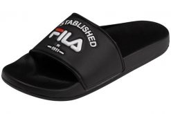 Klapki basenowe damskie Fila Baywalk '23 wsuwane. Czarne klapki Fila, bez wzorów, z materiału, bez obcasa, bez zapięcia. Za 79.49 zł.