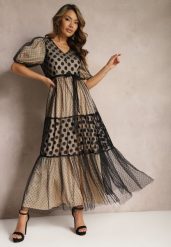 Beżowo-Czarna Maxi Sukienka Tiulowa Rozkloszowana z Paskiem i Bufiastymi Rękawami Bervilla. Brązowe sukienki Renee, l, bez wzorów, z tiulu, eleganckie, bez kołnierzyka, bez ramiączek, maxi, rozkloszowane. W wyprzedaży za 159.99 zł.