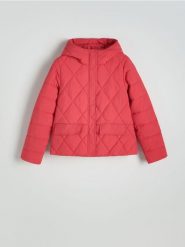 Pikowana kurtka z kapturem - czerwony. Czerwone kurtki Reserved, l, bez wzorów, z tkaniny, z kapturem. Za 159.99 zł.