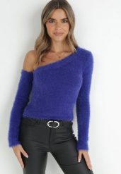 Granatowy Sweter na Jedno Ramię Yile. Niebieskie swetry Born2be, s, bez wzorów, z jeansu, eleganckie, bez ramiączek. W wyprzedaży za 118.99 zł.
