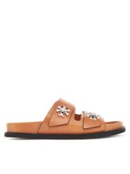 Tory Burch Klapki T Lock Sport Slide 166905 Brązowy. Brązowe klapki Tory Burch, bez wzorów, ze skóry, sportowe, bez obcasa, bez zapięcia. Za 1,359.00 zł.