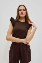 Bluzka z falbaną na ramionach ciemnbrązowa. Bluzki MOODO, xs, bez wzorów, z elastanu, bez kołnierzyka, bez ramiączek. W wyprzedaży za 17.99 zł.