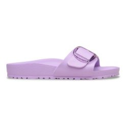 BIRKENSTOCK Madrid Big Buckle EVA Crocus Klapki damskie. Fioletowe klapki Birkenstock, bez wzorów, z materiału, eleganckie, bez obcasa, bez zapięcia. Za 239.99 zł.