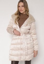Beżowa Długa Kurtka Ozdobiona Pikowaniem z Nieodpinanym Kapturem i Paskiem Lidaveia. Brązowe kurtki Born2be, l, bez wzorów, z jeansu, eleganckie. Za 359.99 zł.