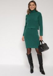 Zielony Komplet Dzianinowy z Wełną i Bawełną Golf i Dopasowana Sukienka Reilaia. Zielone swetry Born2be, bez wzorów, z bawełny, eleganckie, bez ramiączek. Za 109.99 zł.