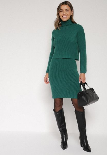 Zielony Komplet Dzianinowy z Wełną i Bawełną Golf i Dopasowana Sukienka Reilaia. Zielone swetry Born2be, bez wzorów, z bawełny, eleganckie, bez ramiączek. Za 109.99 zł.