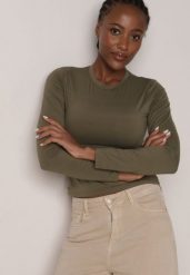 Ciemnobeżowa Gładka Bluzka z Długim Rękawem z Bawełną Moaneta. Brązowe bluzki Born2be, m, bez wzorów, z bawełny, eleganckie, bez kołnierzyka, bez ramiączek. Za 69.99 zł.