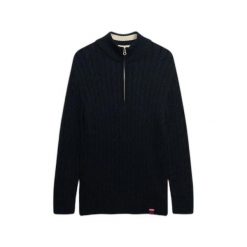 Damski pół-zamek sweter z warkoczowym splotem Superdry. Niebieskie swetry Superdry, na jesień, l, z aplikacjami, ze splotem, eleganckie, bez ramiączek. Za 340.25 zł.