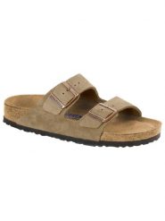 Klapki Birkenstock Arizona SFB Suede Taupe 951301. Brązowe klapki Birkenstock, bez wzorów, z materiału, eleganckie, z okrągłym noskiem, bez obcasa, bez zapięcia. Za 469.00 zł.