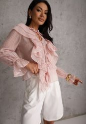 Różowa Bluzka z Lyocellem w Stylu Boho z Wiązaniem pod Szyją i Falbanami Tasimi. Czerwone bluzki Renee, l, bez wzorów, z jeansu, boho, bez kołnierzyka, bez ramiączek. Za 89.99 zł.