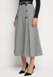 Szaro-Czarna Rozkloszowana Spódnica z Wysokim Stanem Gumką w Talii Ozdobiona Guzikami i Paskiem Verinia. Czarne spódnice Born2be, na co dzień, l, bez wzorów, eleganckie, midi, dopasowane. Za 84.99 zł.