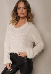 Jasnobeżowy Sweter z Dodatkiem Wełny i Szerokimi Rękawami Inathira. Brązowe swetry Renee, na zimę, bez wzorów, z jeansu, casualowe, bez ramiączek. W wyprzedaży za 127.99 zł.