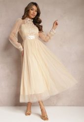 Beżowa Siateczkowa Sukienka Maxi o Rozkloszowanym Kroju z Ozdobną Koronką Narile. Brązowe sukienki Renee, m, bez wzorów, z koronki, eleganckie, bez kołnierzyka, bez ramiączek, maxi, rozkloszowane. W wyprzedaży za 167.99 zł.