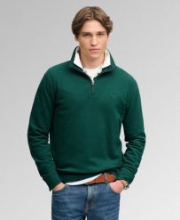 Superdry Bluza Essential Serif Logo Half Zip z recyklowanym poliestrem. Zielone bluzy Superdry, m, bez wzorów, z bawełny, bez kaptura. Za 354.85 zł.