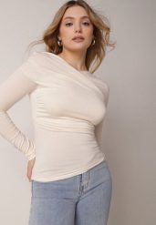 Beżowy Bluzka z Bawełną Dekoltem Typu Łódka i Marszczeniem Typhatos. Brązowe bluzki Born2be, m, bez wzorów, z bawełny, eleganckie, bez kołnierzyka, bez ramiączek. Za 99.99 zł.