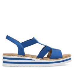 Sandały Rieker. Niebieskie sandały Rieker, bez wzorów, bez obcasa, na koturnie, bez zapięcia. Za 299.99 zł.