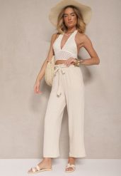 Beżowe Spodnie z Wiskozą o Szerokim Kroju High Waist z Wiązaniem Ivelwia. Brązowe jeansy Renee, na lato, l, bez wzorów, z jeansu, z podwyższonym stanem. W wyprzedaży za 39.99 zł.