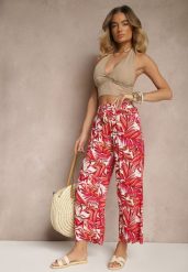 Czerwone Spodnie z Bawełny o Szerokim Kroju High Waist w Liście Edirive. Czerwone jeansy Renee, na lato, l, bez wzorów, z bawełny, biznesowe, z podwyższonym stanem. W wyprzedaży za 20.99 zł.