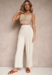 Beżowe Szerokie Spodnie z Lnem High Waist Sanariela. Brązowe jeansy Renee, na lato, l, bez wzorów, z jeansu, biznesowe, z podwyższonym stanem. W wyprzedaży za 41.99 zł.